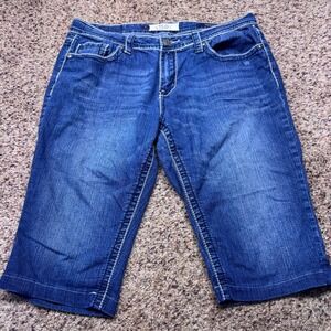 VGS Womens Denim Capri Shorts Embellished Pockets White Stitching Size 10
